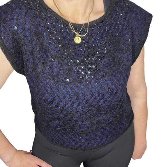 Vintage Knit Beaded Cropped Oversized Pullover Sweater Vest Sz Small Navy Black - Picture 1 of 6
